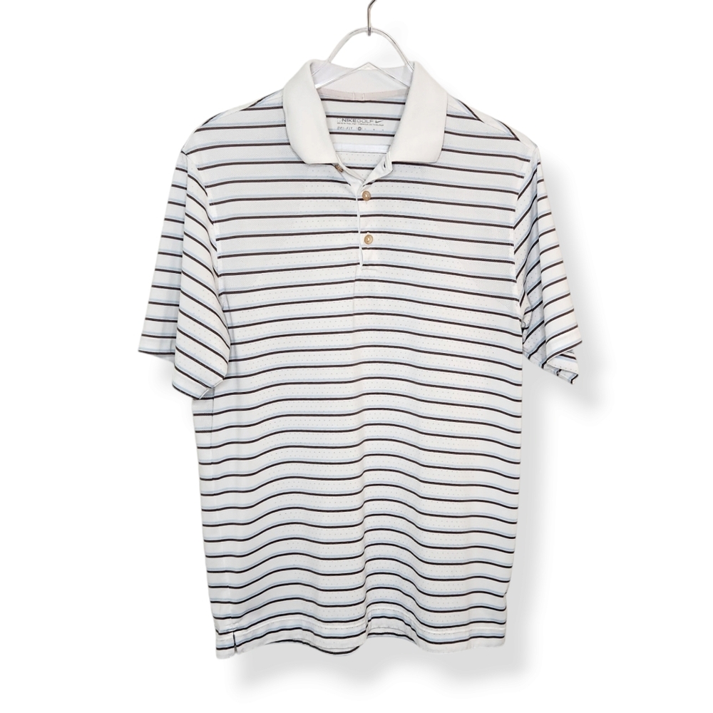 Nike Golf Polo White Blue Striped Short Sleeve Shirt Collared Men's Size Medium
